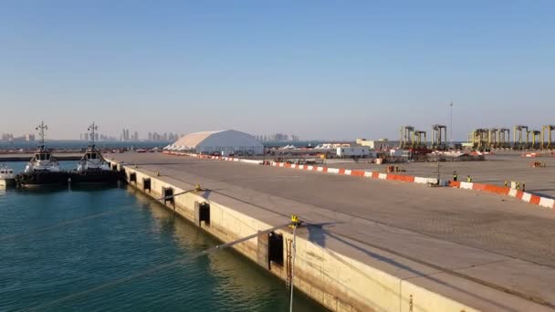 View of the pier with moored ships. Cargo seaport. Workers work in the cargo seaport. — Stock Video