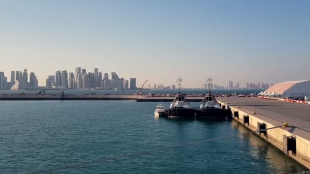 Sea port and view of the city with skyscrapers on the horizon. Sea port with moored ships. — Stock Video