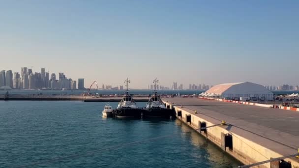 Zeehaven en uitzicht op de stad met wolkenkrabbers aan de horizon. Zeehaven met aangemeerd schepen. — Stockvideo