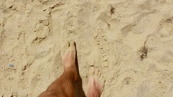 Férfi láb séta a homokos tengerparton. A homokos strandon egy ember élvezi a pihenést. Egy férfi sétál a homokon a tenger. — Stock videók