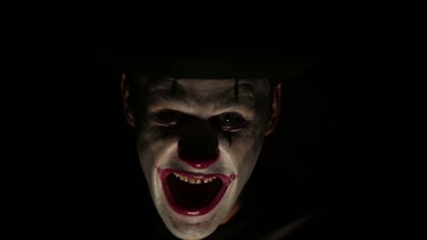 Terrible Clown Threatens His Victim Knife Terrible Man Makeup Clown — Stock Video