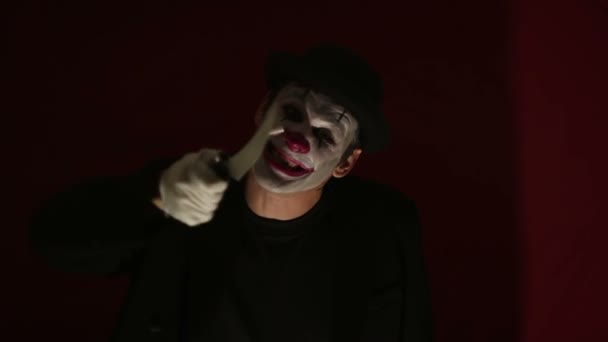 Terrible Clown Threatens His Victim Knife Terrible Man Makeup Clown — Stock Video