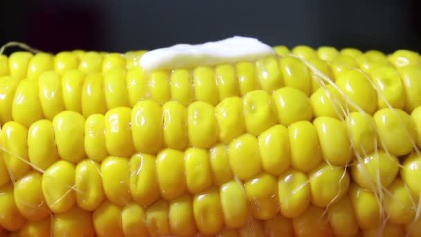 Un trozo de mantequilla se derrite y drena sobre el jugoso maíz caliente. Primer plano de maíz caliente jugoso . — Vídeos de Stock