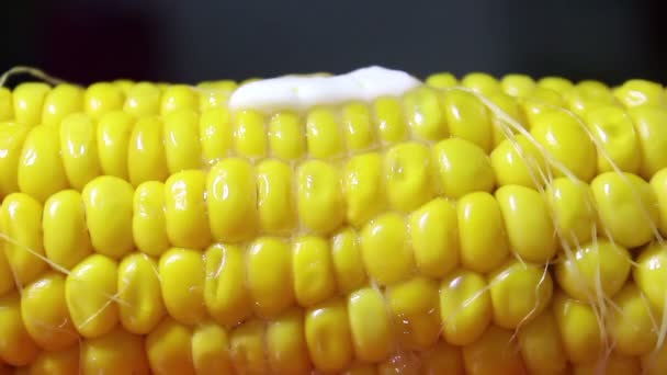 Een stuk boter smelt en lekt over sappige hete maïs. Sappige hete maïs close-up. — Stockvideo