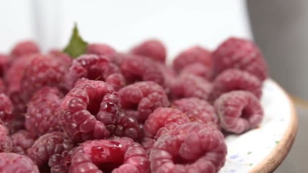 Ripe juicy raspberries lies on a plate. Ripe organic raspberries close-up. — Stock Video