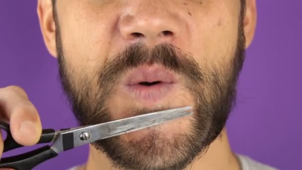 Joven Guapo Corta Barba Con Tijeras Primer Plano Cara Joven — Vídeos de Stock