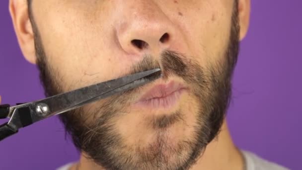 Joven Guapo Corta Barba Con Tijeras Primer Plano Cara Joven — Vídeos de Stock
