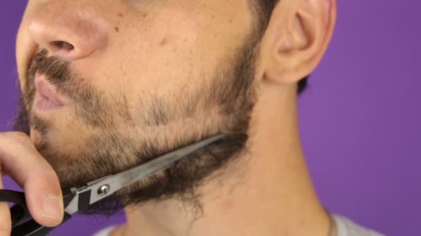 Joven Guapo Corta Barba Con Tijeras Primer Plano Cara Joven — Vídeos de Stock