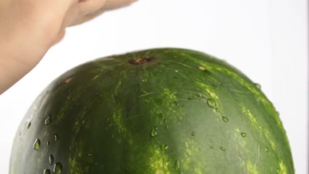 Manden Kontrollerer Vandmelonens Modenhed Trykker Fingrene Den Close Ung Mands – Stock-video