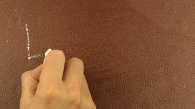 Adam aşk kelimesini tebeşirle kahverengi arka planda yazıyor. Bir adamın eli yakın plan kahverengi bir tahtaya aşk kelimesini tebeşirle yazar..