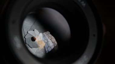 Kamera merceğindeki açıklık kanat hareketleri. Açık fotoğraf objektifi yakın plan. Kamera lensindeki pencerenin çok renkli yansımaları.