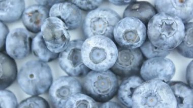 Beyaz arka planda olgun sulu yaban mersinlerinin yakın çekimi. Tabakta taze organik yaban mersini var. Taze sulu yaban mersinli yakın çekim rotasyonu.