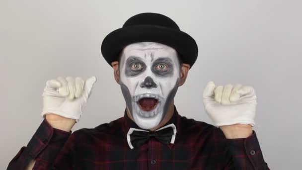 Terrible Man Clown Makeup Waves His Hand Say Goodbye His — Stock Video