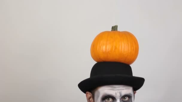 Terrible Man Clown Makeup Pumpkin His Head Grimaces Waves His — Stock Video