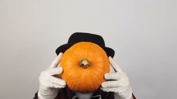 Terrible Man Clown Makeup Pumpkin His Head Grimaces Waves His — Stock Video