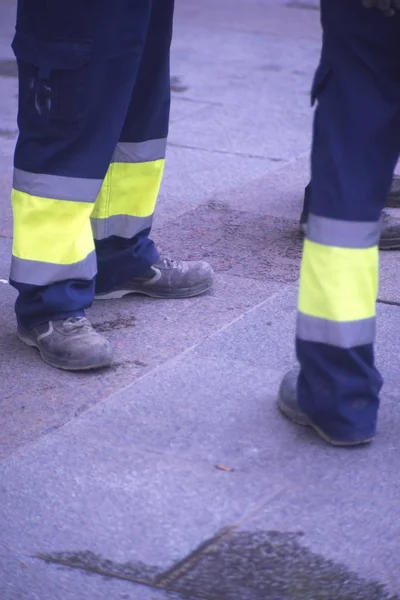 Trabajadores Municipales Pavimento Acera Pie Uniforme Trabajo Con Botas Punta — Foto de Stock