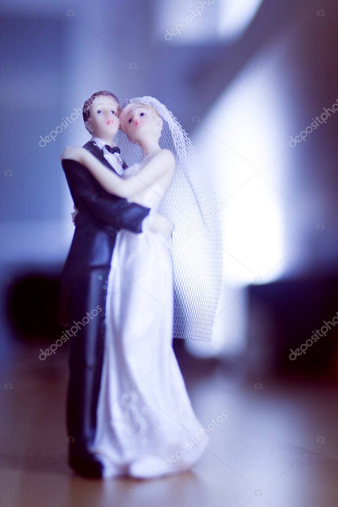 Wedding couple marriage cake topper plastic figures with tuxedo evening suit, white weddding dress veil.