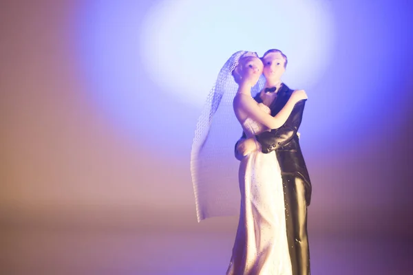 Wedding couple marriage cake topper plastic figures with tuxedo evening suit, white weddding dress veil.