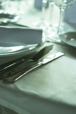 Düğün resepsiyonu ziyafet akşam yemeği parti masa yer ayarlarını lüks otel mekan olarak ayarla.