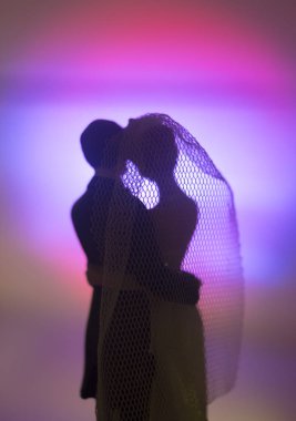 Düğün çifti pasta üstte plastik figürler smokin gece elbisesi, beyaz gelinlik peçesi.