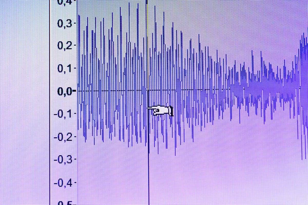 Audio sound wave studio editing computer program screen showings sounds on screen from vocal recording of voiceover.