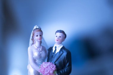 Düğün çifti pasta üstte plastik figürler smokin gece elbisesi, beyaz gelinlik peçesi.