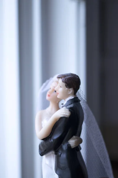 蛋糕礼帽新娘和新郎婚礼情侣举行浪漫婚姻拥抱爱 — 图库照片