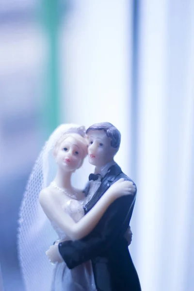 Wedding couple marriage cake topper plastic figures with tuxedo evening suit, white weddding dress veil.