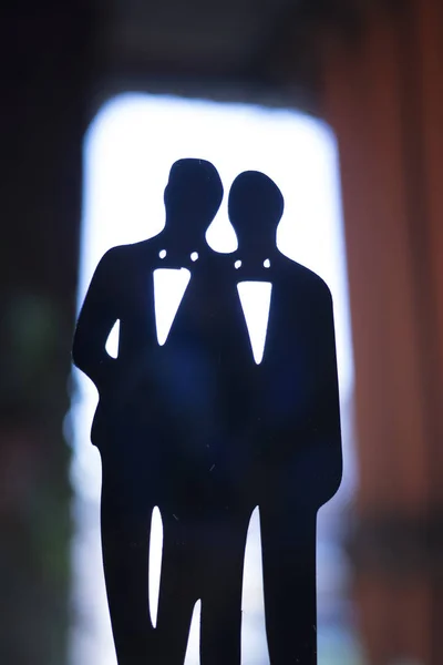 Gay Lgbt Wedding Couple Grooms Wearing Matching Evening Suits Dinner — Stock Photo, Image