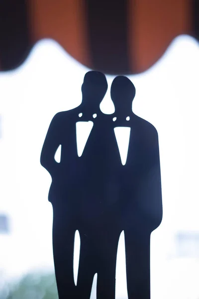 Homosexuell Lgbt Hochzeitspaar Bräutigam Tragen Passende Abendanzüge Abendessen Jacken Silhouette — Stockfoto
