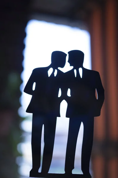 Gay Lgbt Wedding Couple Grooms Wearing Matching Evening Suits Dinner — Stock Photo, Image