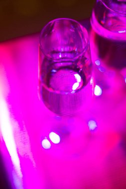 Discotque parti çubuğunda Ibiza İspanya ışıkların düğün sırasında prosecco kava bardak şampanya köpüklü şarap.