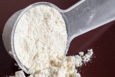 Plastik ölçüm kaşığı ve protein tozu koyu arka plan yığını. Üstte görüntü
