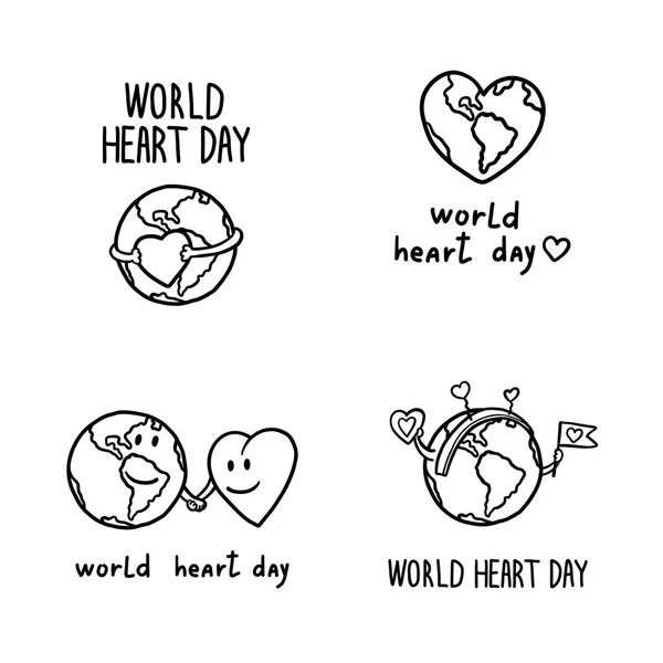 Conjunto de pancartas del Día Mundial del Corazón, estilo dibujado a mano — Vector de stock
