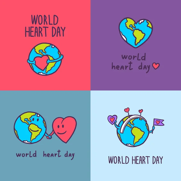 Set di banner giornata cuore globale, stile disegnato a mano — Vettoriale Stock