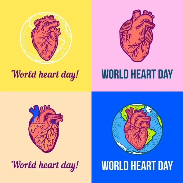 World red heart day banner set, hand drawn style — Stock Vector