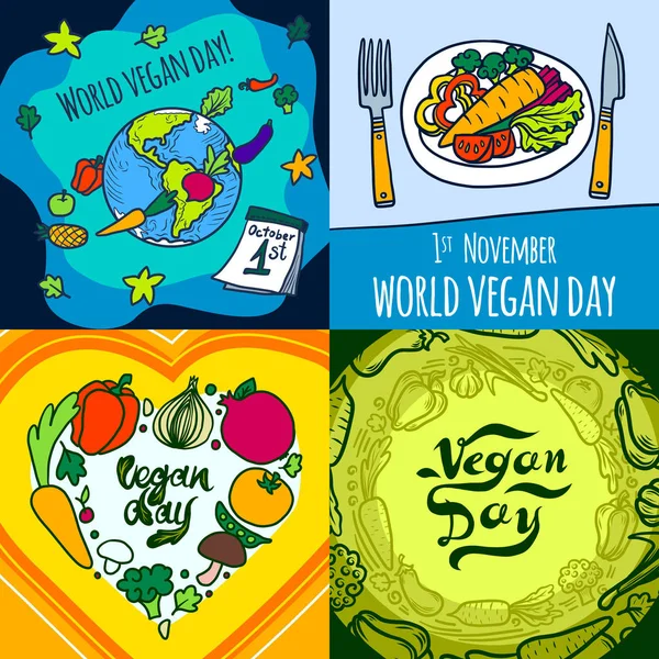 Sada příborů, ručně kreslenou styl veganské den nápis — Stockový vektor