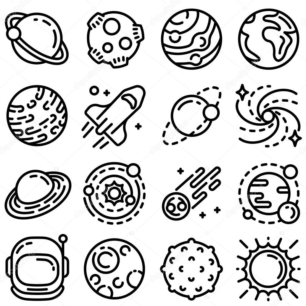 Planets icon set, outline style