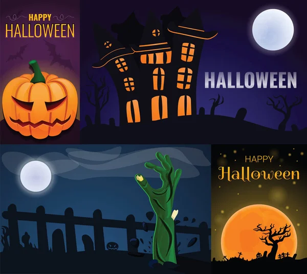 Conjunto de pancartas de Halloween feliz, estilo de dibujos animados — Archivo Imágenes Vectoriales