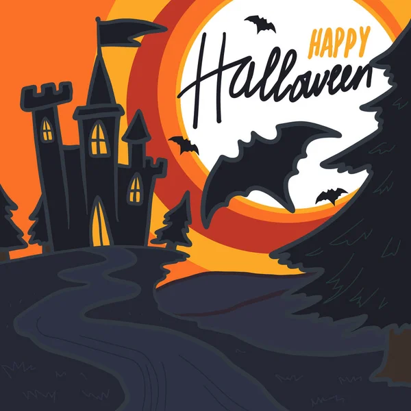 Halloween castillo murciélago concepto de fondo, estilo dibujado a mano — Archivo Imágenes Vectoriales