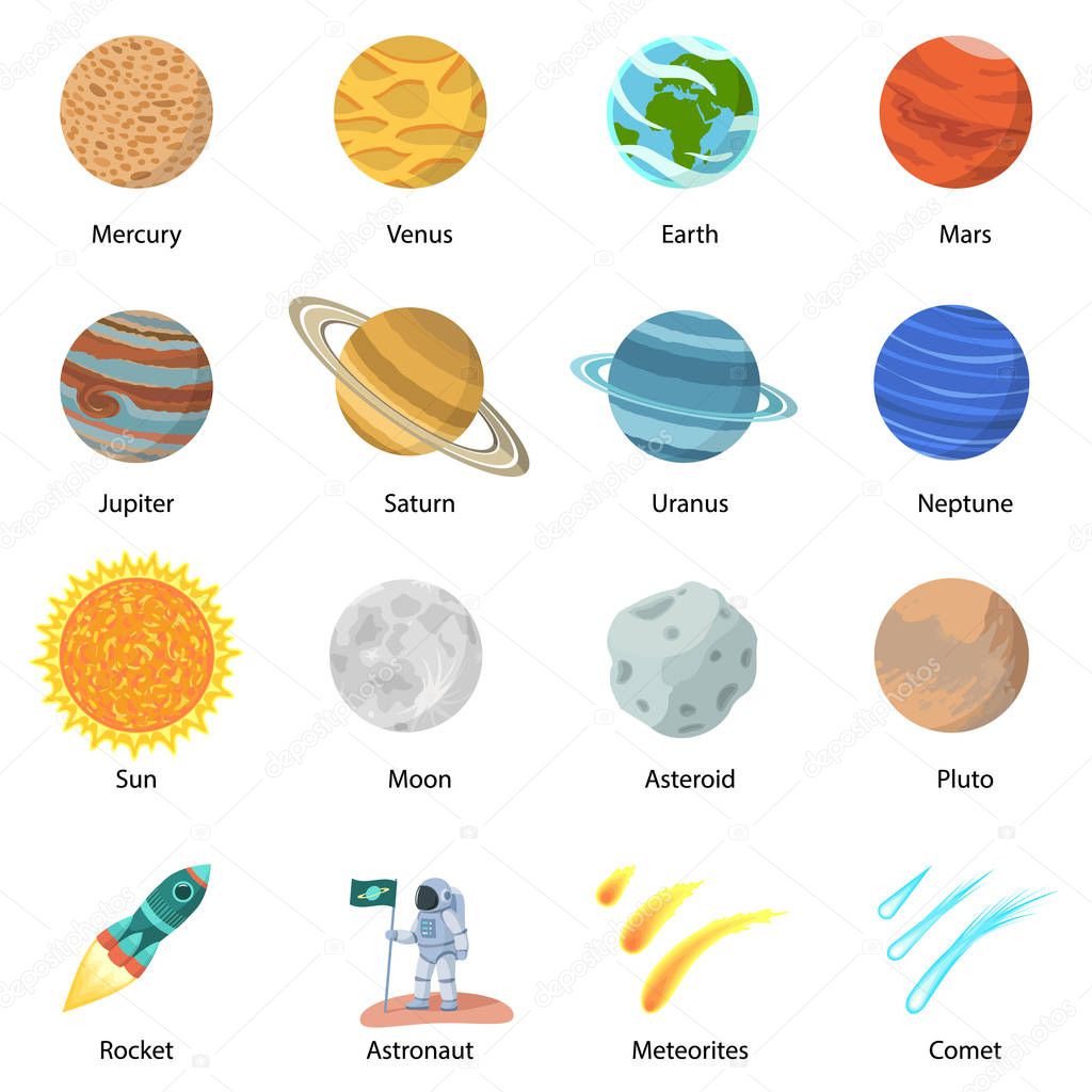 Space planet icon set, flat style