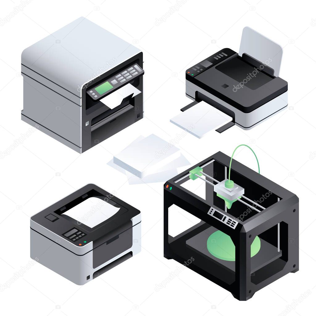 Printer icon set, isometric style