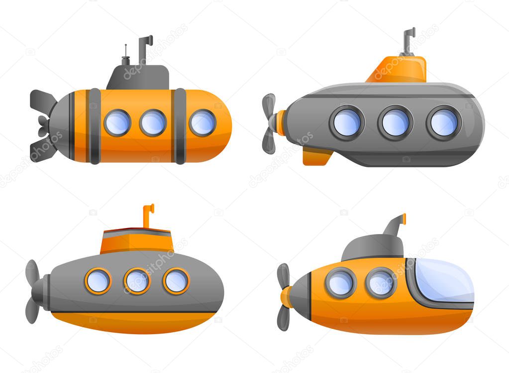 Submarine icon set, cartoon style