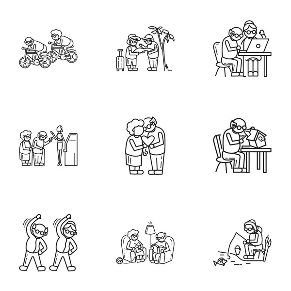 Older person icon set, outline style