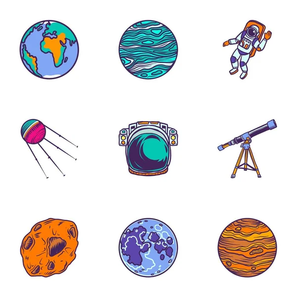 Espacio planeta icono conjunto, estilo dibujado a mano — Vector de stock