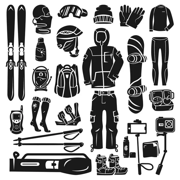 Snowboardausrüstung Icon Set, einfacher Stil — Stockvektor