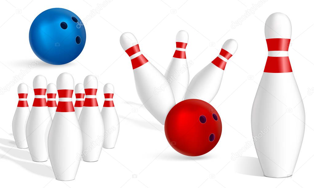 Bowling icon set, realistic style