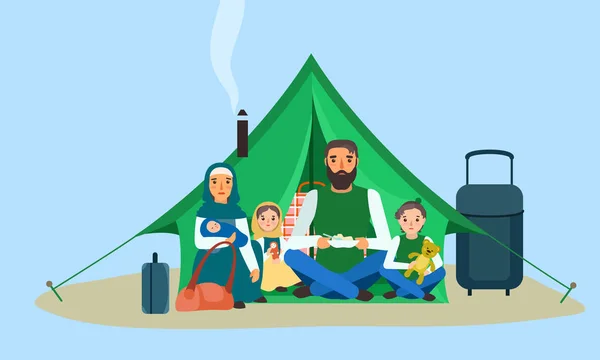 テント コンセプト バナー、フラット スタイルでホームレスの家族 — ストックベクタ
