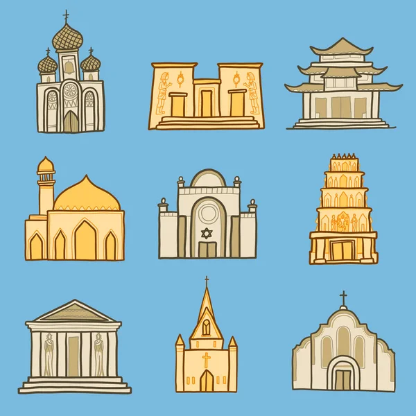 Conjunto de ícones de templo, estilo desenhado à mão — Vetor de Stock