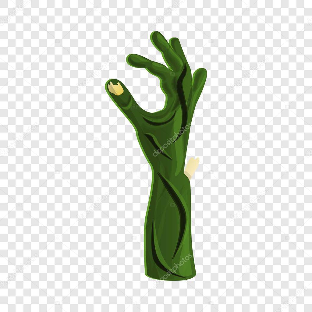 Green zombie hand icon, cartoon style